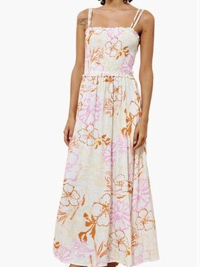 FRNCH Floral Smocked Maxi Dress in White, Pink & orange sundress S Small